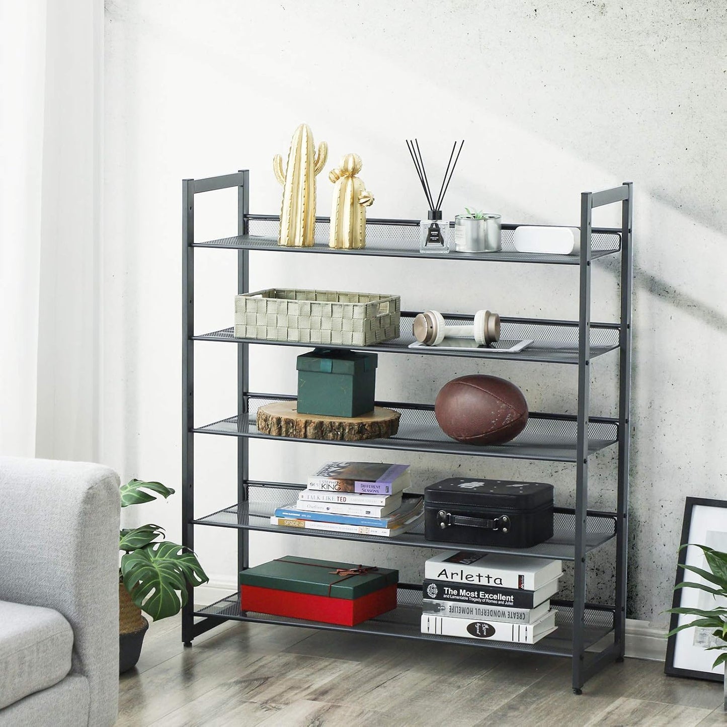 SONGMICS Shoe Rack, 5-Tier Shoe Organizer, Metal Shoe Storage for Garage, Stackable Shoe Shelf, with Adjustable Flat or Angled Shelves, 20-25 Pairs, Charcoal Gray ULMR05GB