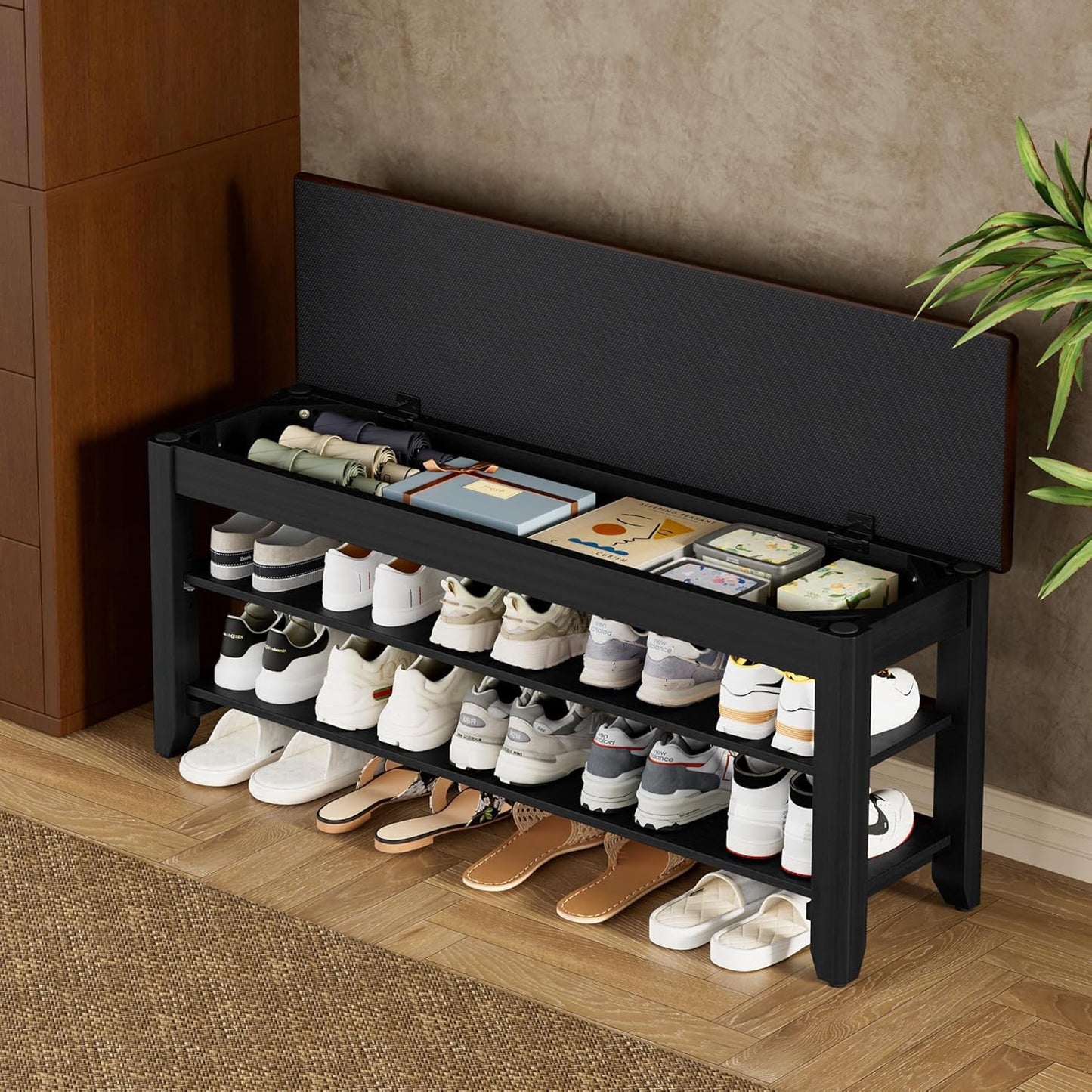 Shoe Rack Bench with Flip-Top Storage, Solid Wood Entryway Bench with Cushion, Adjustable Shelf, for Hallway, Mudroom, Closet – Walnut, 39.4"
