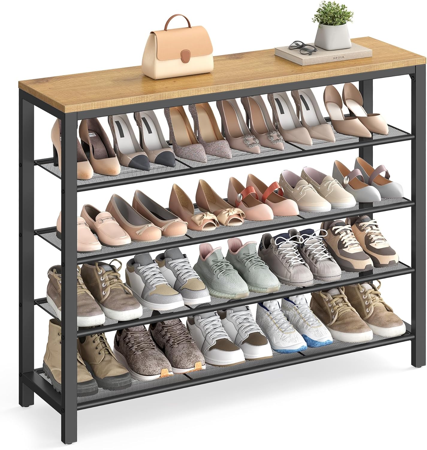 VASAGLE Shoe Rack, 5-Tier Shoe Storage Organizer with 4 Metal Mesh Shelves for 16-20 Pairs and Large Surface for Bags, for Entryway, Hallway, Closet, Industrial, Rustic Brown and Black ULBS15BX