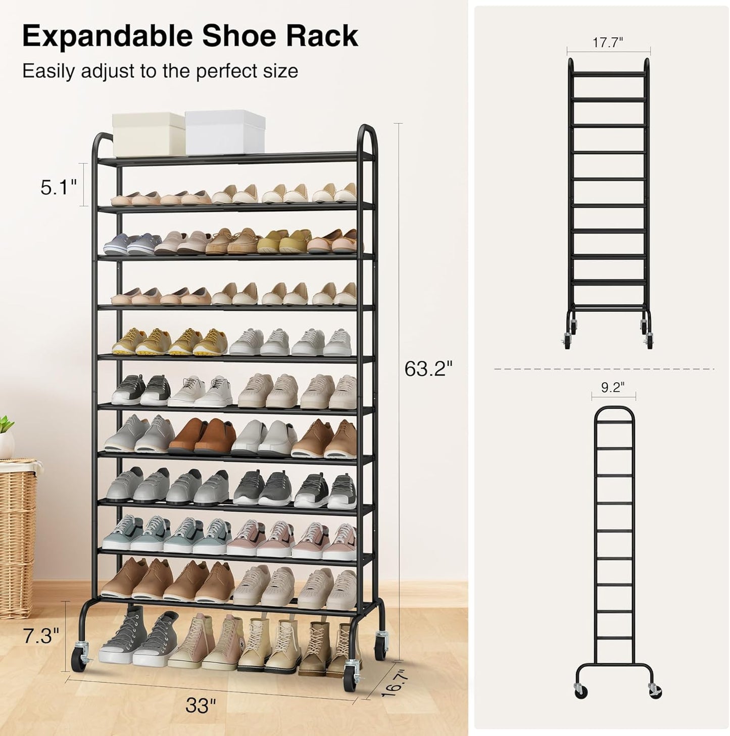 STO STO Expandable Shoe Rack, 10-Tier Metal Tall Shoe Rack for Garage, Up to 44 Pairs Adjustable Shoe Rack Storage for Front Door Entrance, Free Standing Shoe Rack Organizer for Entryway, Black