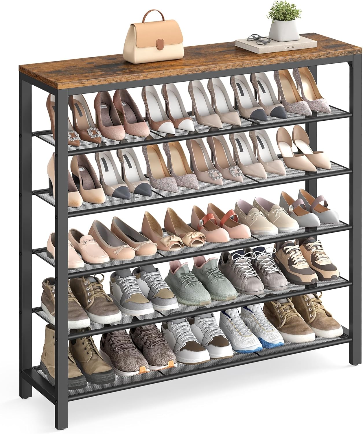VASAGLE Shoe Rack, 5-Tier Shoe Storage Organizer with 4 Metal Mesh Shelves for 16-20 Pairs and Large Surface for Bags, for Entryway, Hallway, Closet, Industrial, Rustic Brown and Black ULBS15BX
