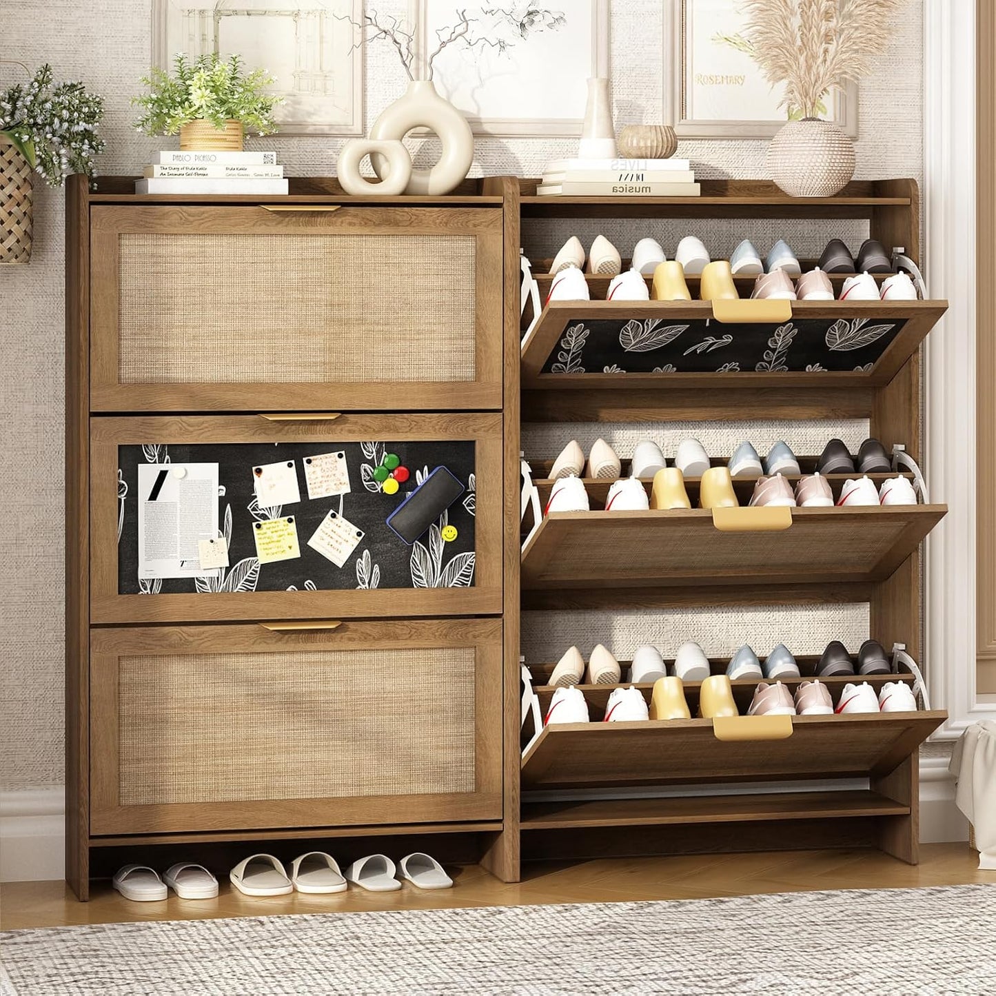 Rattan Shoe Storage Cabinet with 3 Flip Drawers & Chalkboard, Freestanding Organizer for Front Door Entrance, Hidden Narrow Shoe Rack Cabinet Storage for Entryway, Rustic Oak Rattan