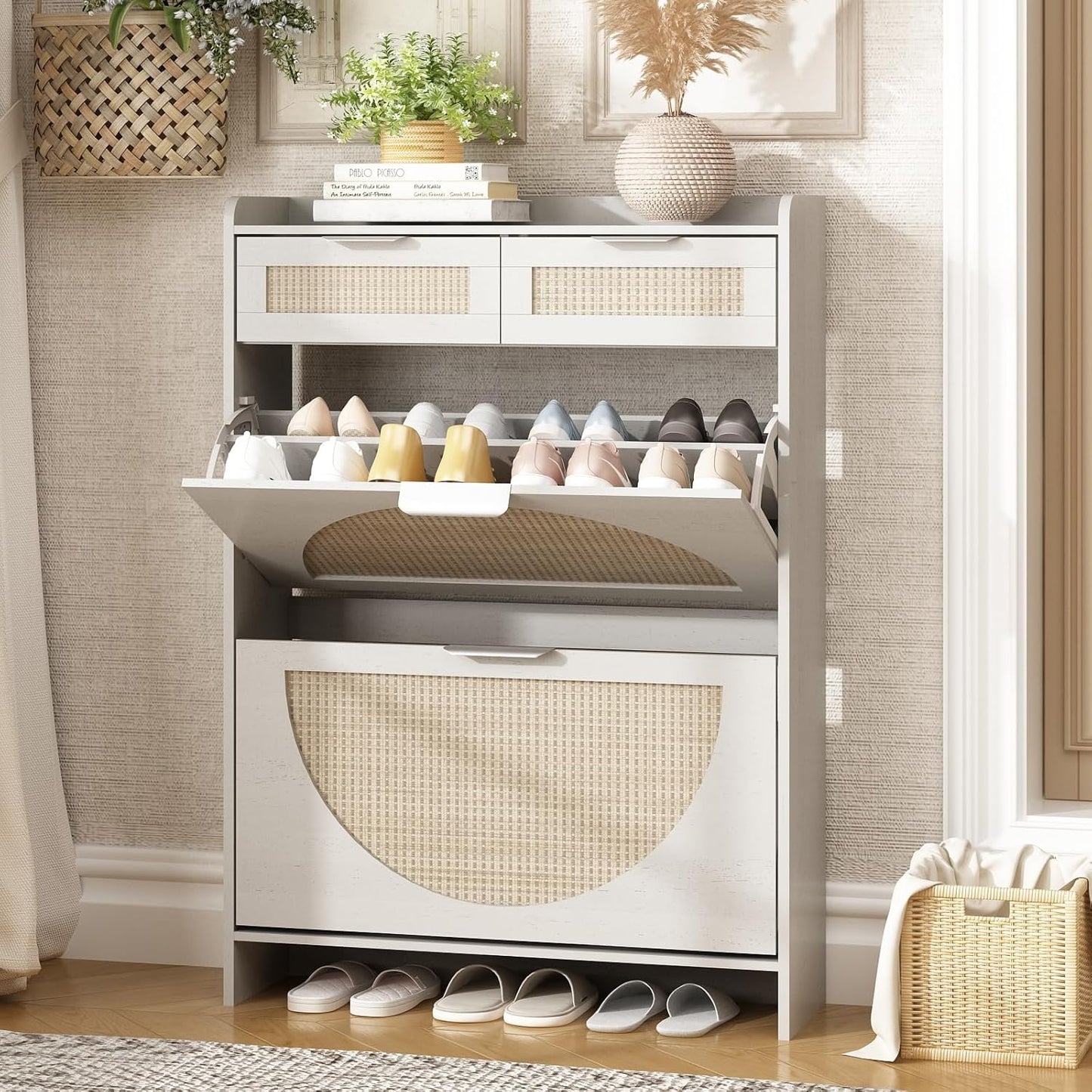 Rattan Shoe Storage Cabinet with 3 Flip Drawers & Chalkboard, Freestanding Organizer for Front Door Entrance, Hidden Narrow Shoe Rack Cabinet Storage for Entryway, Rustic Oak Rattan