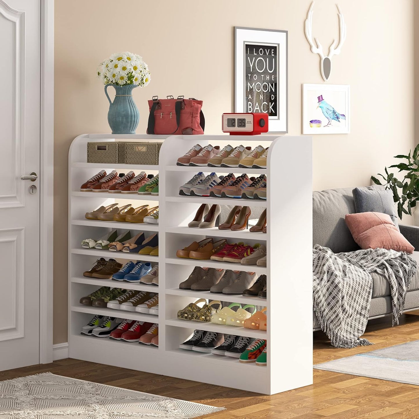 Tribesigns Shoe Rack, 8-Tier Tall Shoe Shelf, Wooden Shoe Storage Cabinet, White