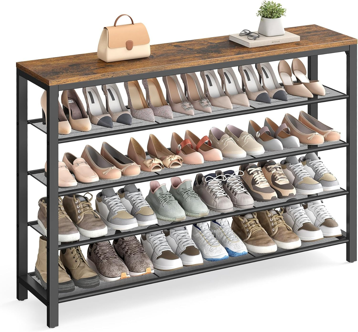 VASAGLE Shoe Rack, 5-Tier Shoe Storage Organizer with 4 Metal Mesh Shelves for 16-20 Pairs and Large Surface for Bags, for Entryway, Hallway, Closet, Industrial, Rustic Brown and Black ULBS15BX