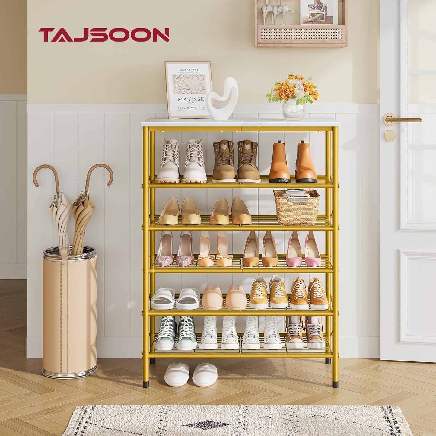 Tajsoon 6 Tier Shoe Rack Organizer for 20-24 Pairs of Shoes, Metal Mesh Shoe Shelf for Closet, Industrial Shoe Rack for Entryway Shoe Storage with X Shape Fixed Frame, White & Gold