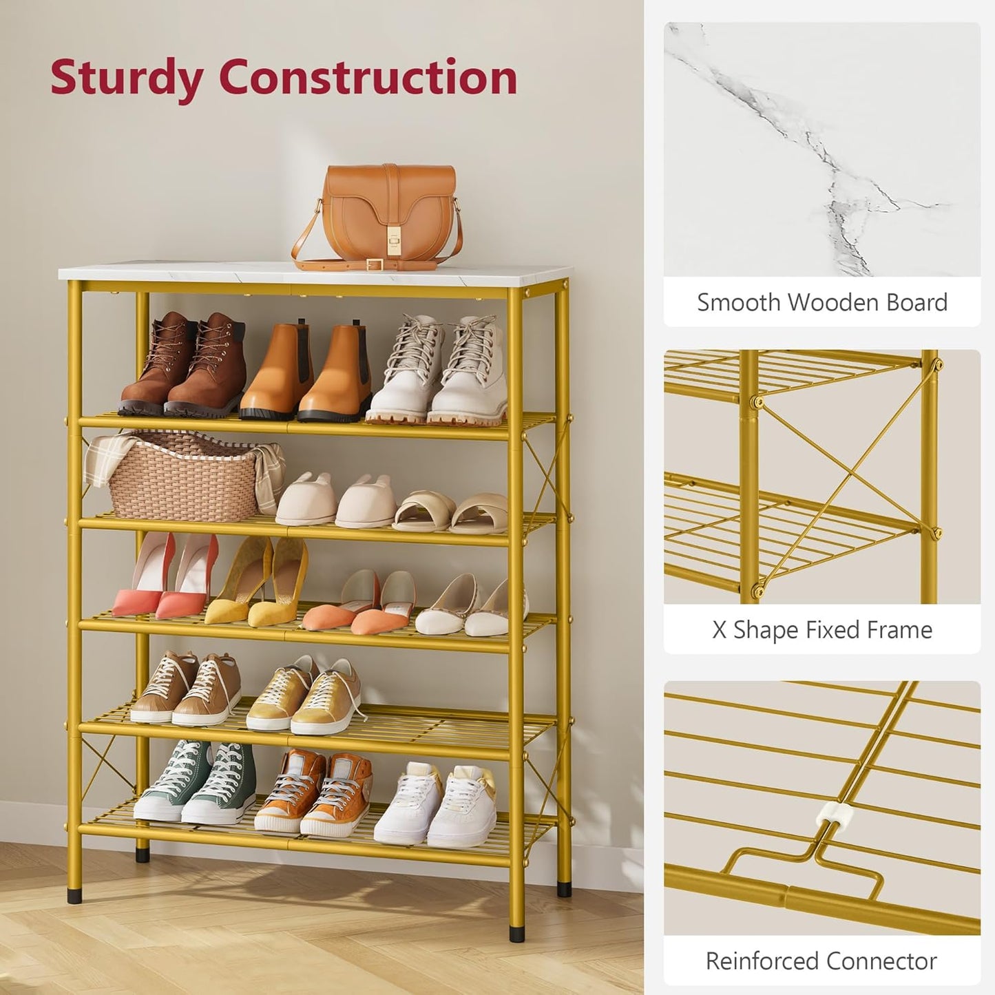 Tajsoon 6 Tier Shoe Rack Organizer for 20-24 Pairs of Shoes, Metal Mesh Shoe Shelf for Closet, Industrial Shoe Rack for Entryway Shoe Storage with X Shape Fixed Frame, White & Gold