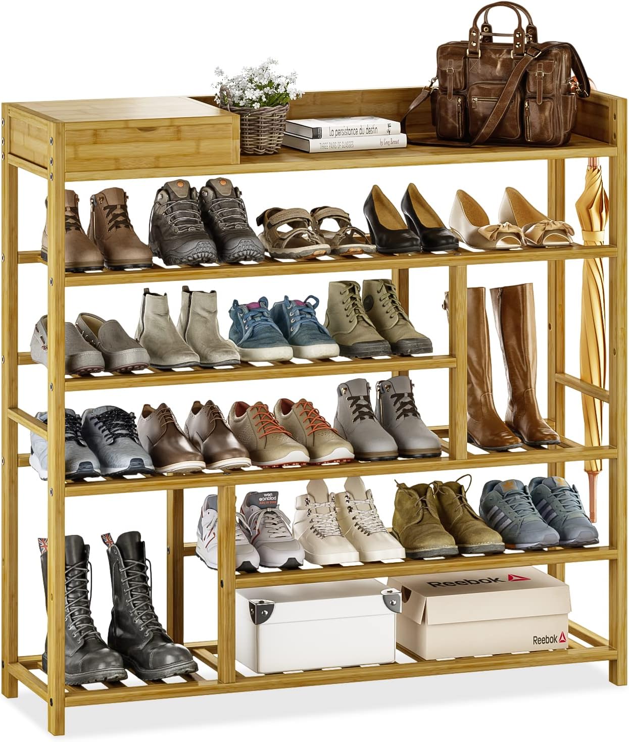 Bamworld Shoe Rack for Front Door Entrance Bamboo Shoe Organizer with Storage Box Free Standing Shoe Cabinet Wooden Shoe Storage Shelf for entryway, Closet and Doorway (Dark Brown)