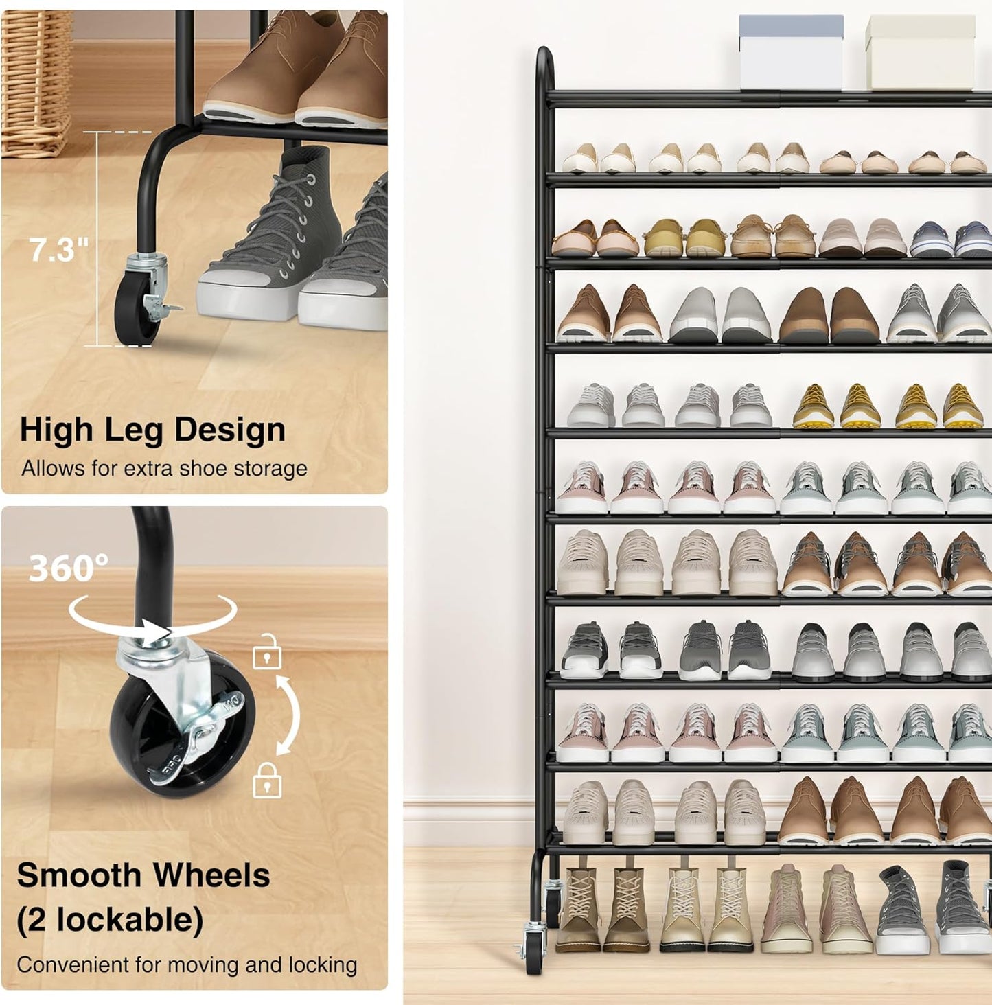 STO STO Expandable Shoe Rack, 10-Tier Metal Tall Shoe Rack for Garage, Up to 44 Pairs Adjustable Shoe Rack Storage for Front Door Entrance, Free Standing Shoe Rack Organizer for Entryway, Black