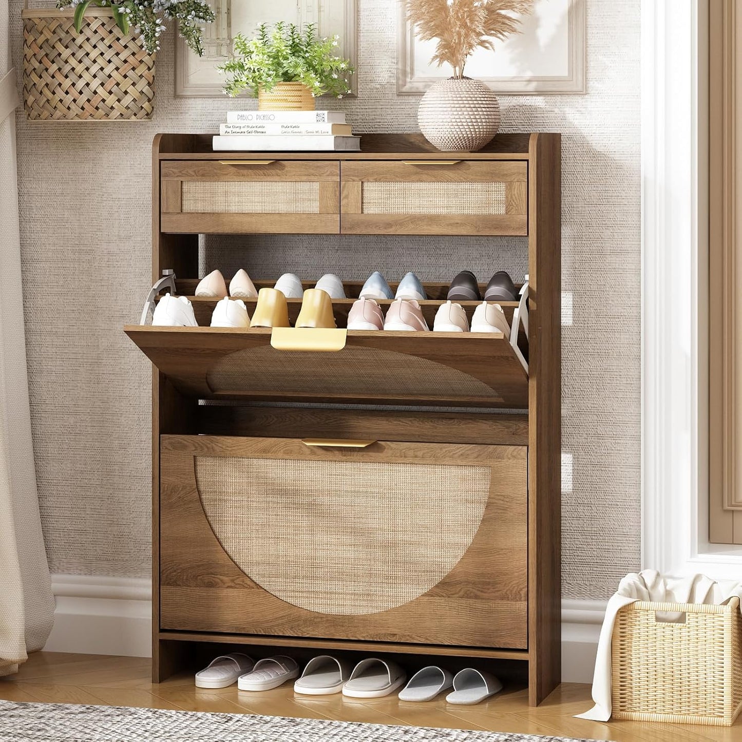 Rattan Shoe Storage Cabinet with 3 Flip Drawers & Chalkboard, Freestanding Organizer for Front Door Entrance, Hidden Narrow Shoe Rack Cabinet Storage for Entryway, Rustic Oak Rattan