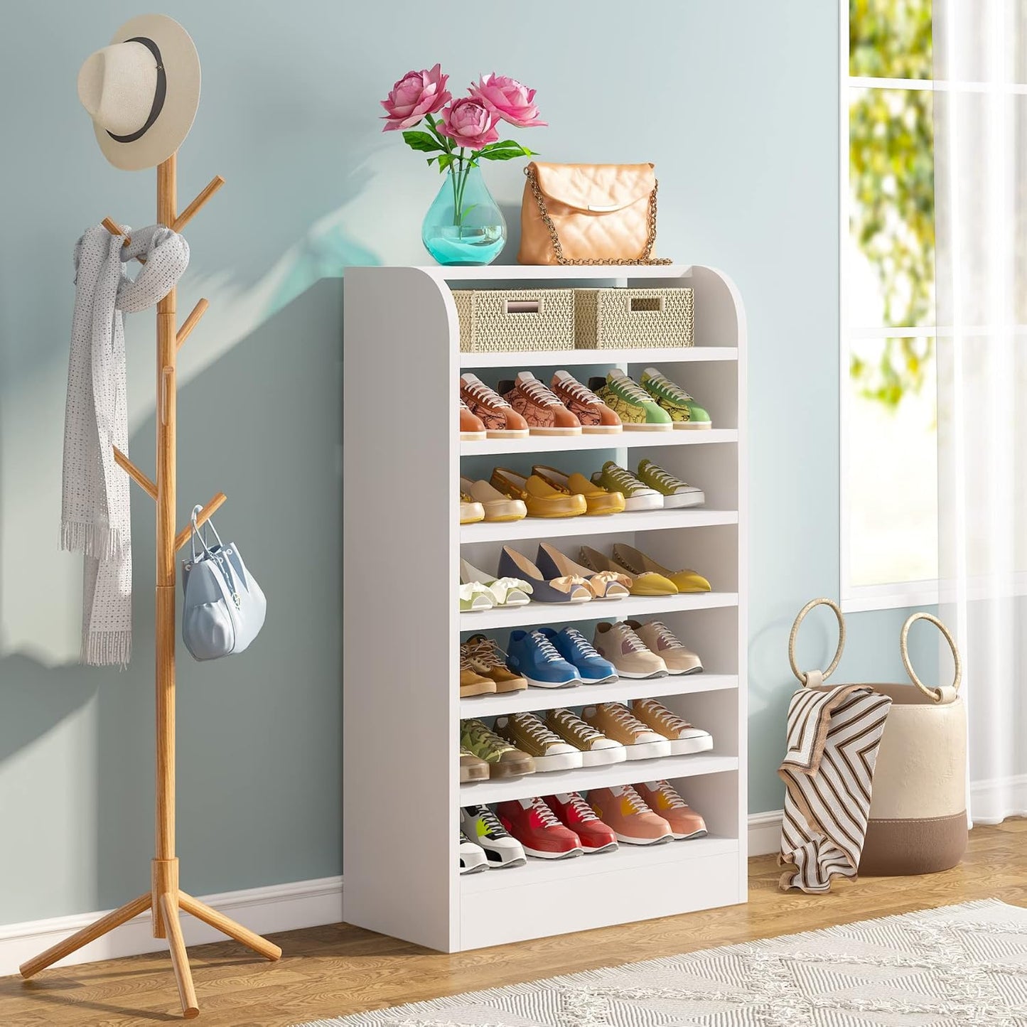 Tribesigns Shoe Rack, 8-Tier Tall Shoe Shelf, Wooden Shoe Storage Cabinet, White