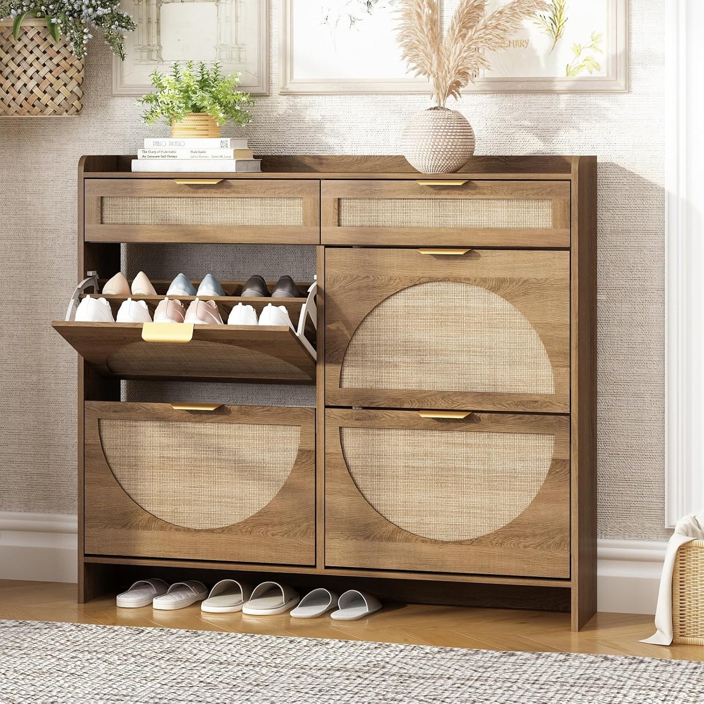 Rattan Shoe Storage Cabinet with 3 Flip Drawers & Chalkboard, Freestanding Organizer for Front Door Entrance, Hidden Narrow Shoe Rack Cabinet Storage for Entryway, Rustic Oak Rattan