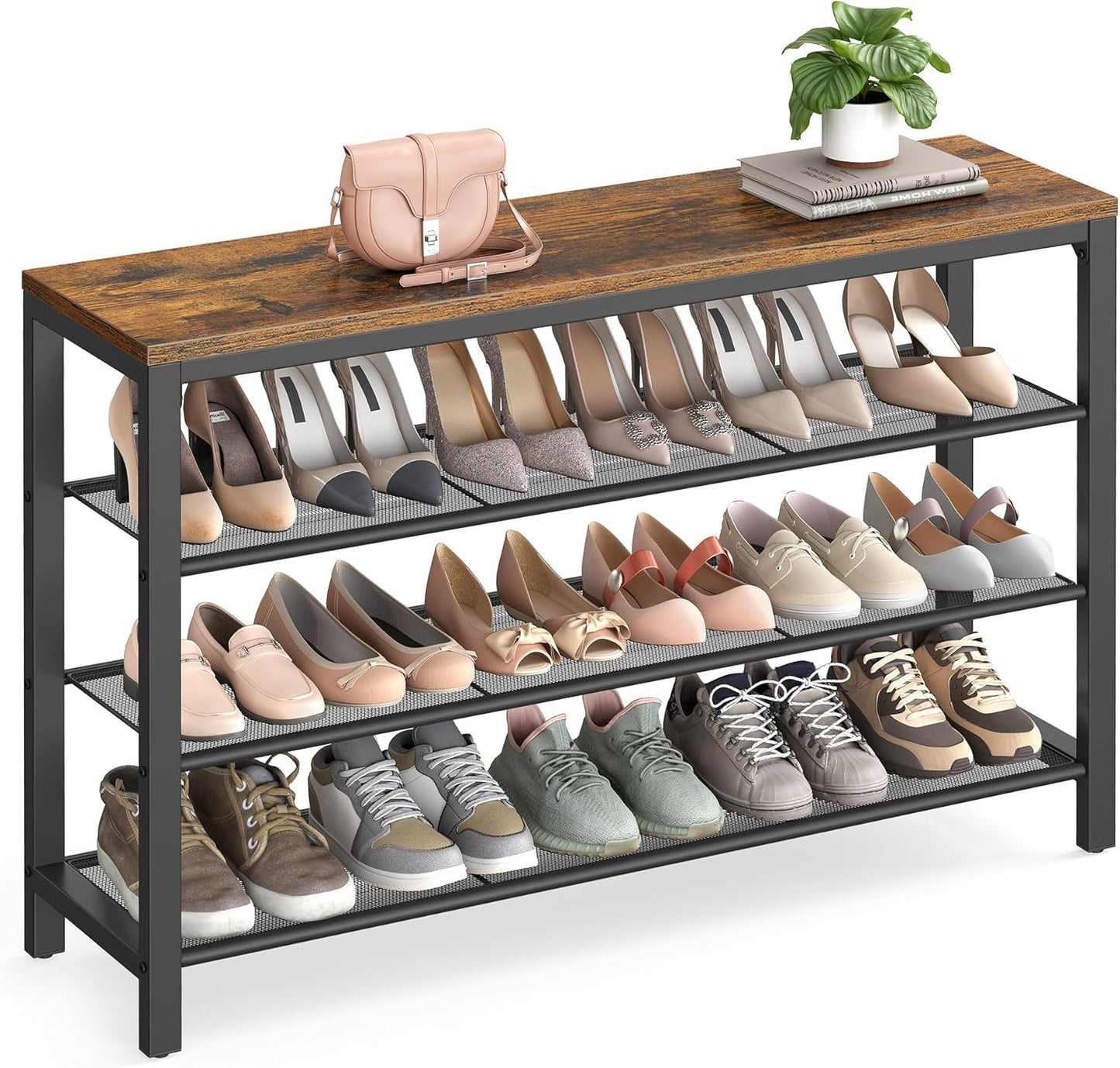 VASAGLE Shoe Rack, 5-Tier Shoe Storage Organizer with 4 Metal Mesh Shelves for 16-20 Pairs and Large Surface for Bags, for Entryway, Hallway, Closet, Industrial, Rustic Brown and Black ULBS15BX