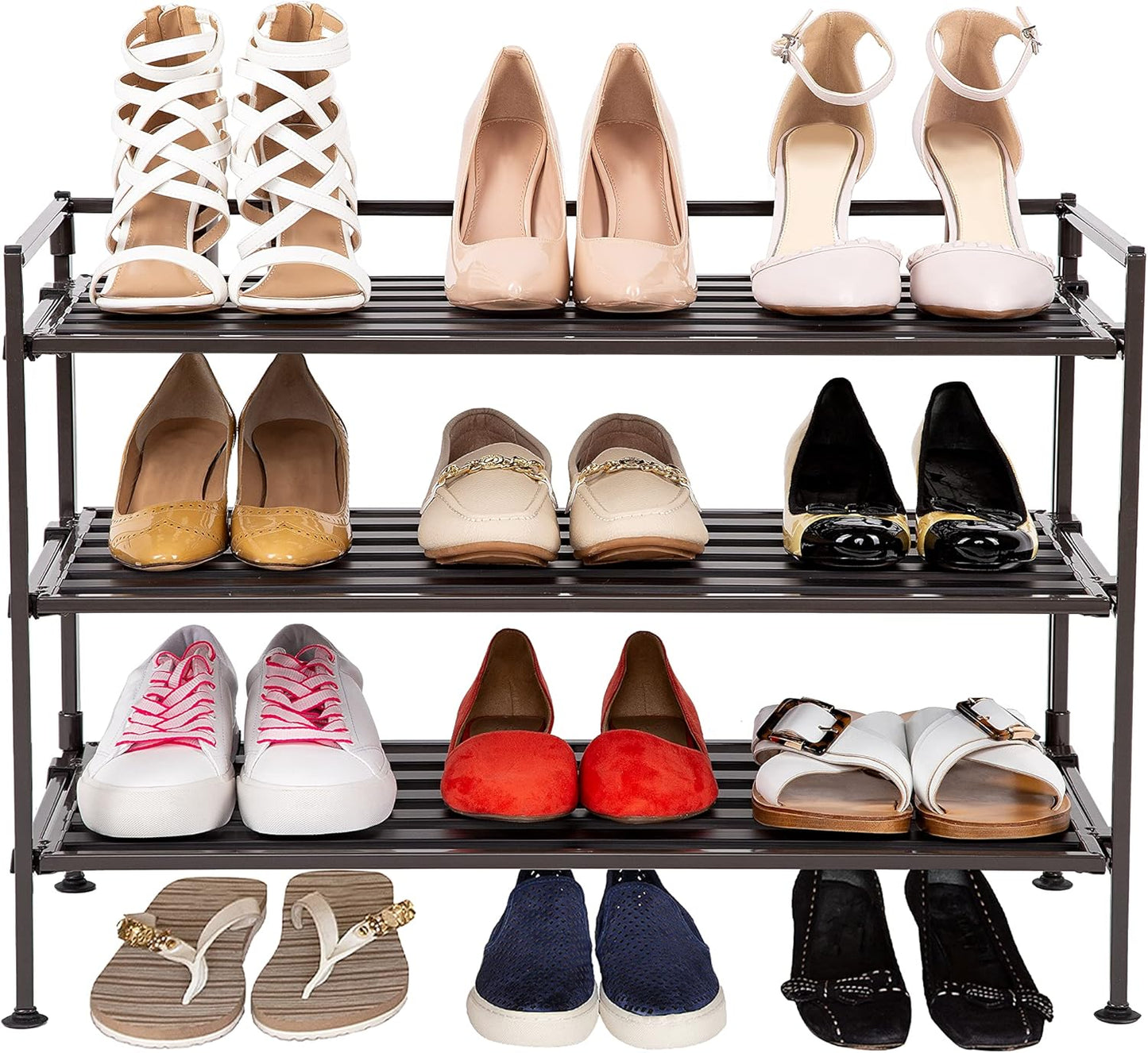 Seville Classics Sturdy Freestanding Storage Shelf for Bedroom, Closet, Entryway, Dorm Room Organizer, Stackable Durable Metal Shoe Rack, Espresso Slat, 3-Tier (2-Pack)