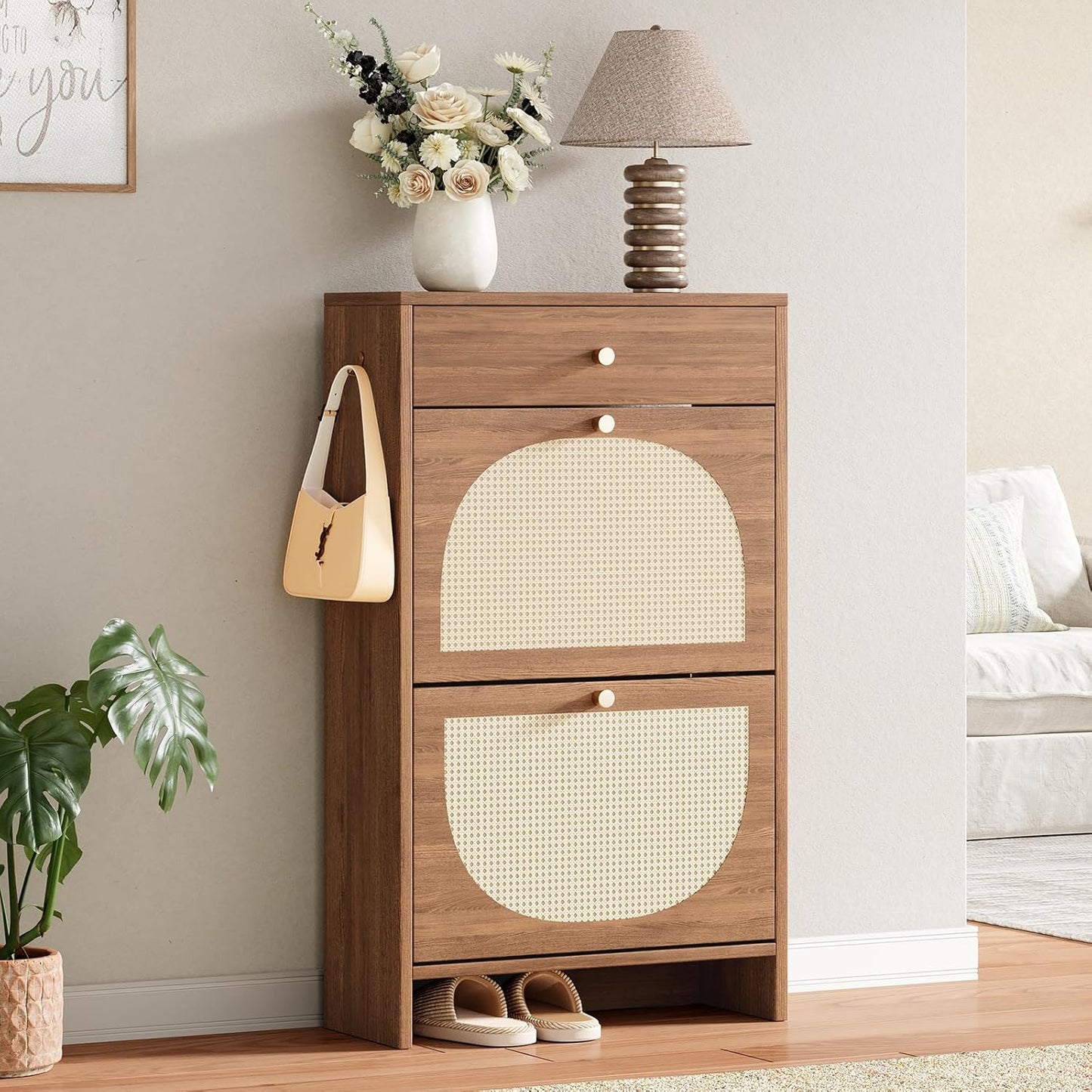 Nicetree Shoe Cabinet Storage for Entryway, Farmhouse Slim Shoe Organizers with 4 Flip Drawers, Freestanding Large Shoe Rack with 3-Tier Adjustable Shelves for Hallway,Foyer, Rustic (Oak)