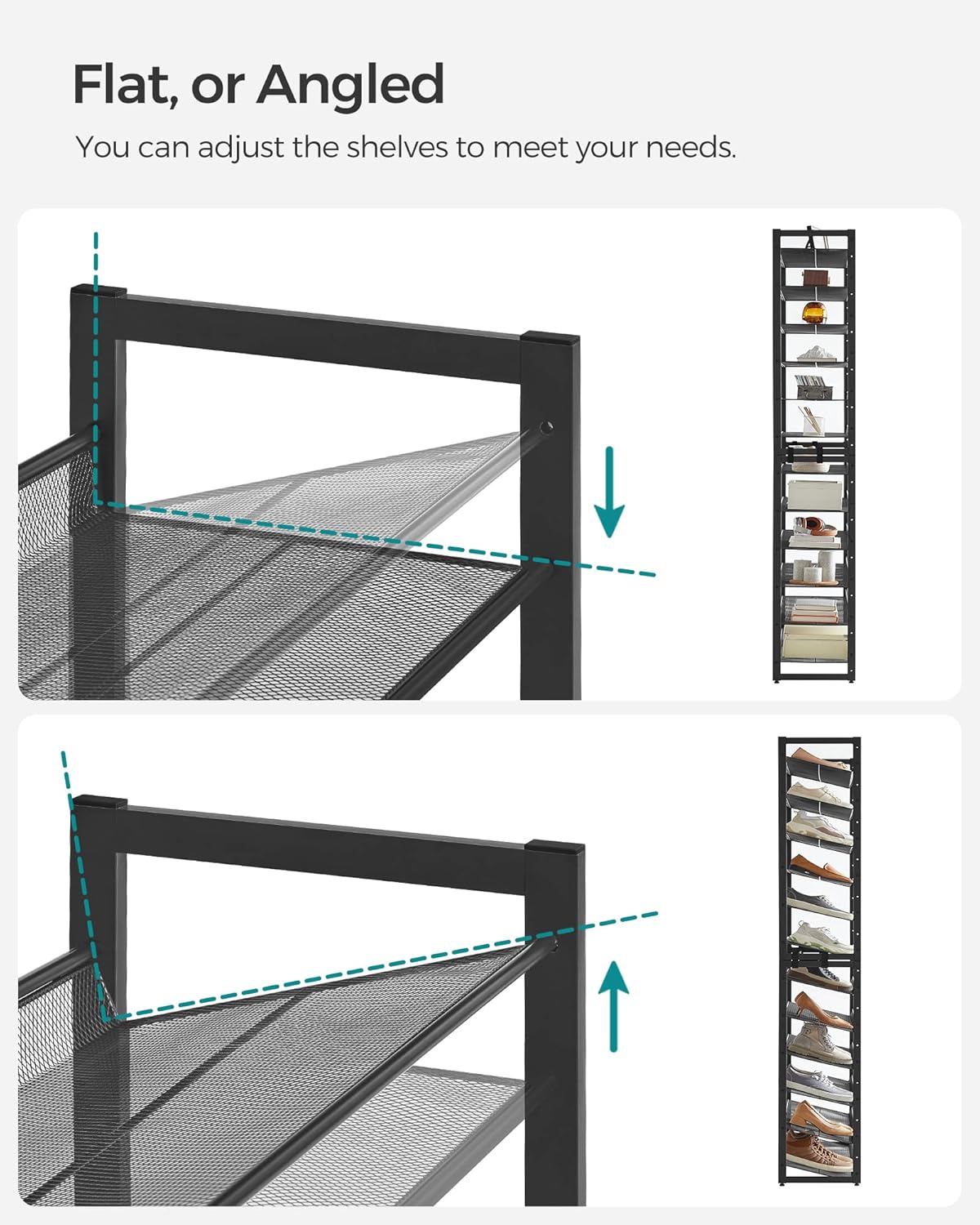 SONGMICS Shoe Rack, 12-Tier Shoe Organizer, Metal Shoe Storage for Garage, Entryway, Set of 2 6-Tier Stackable Shoe Shelf, with Adjustable Flat or Angled Shelves, Holds 48-60 Pairs, Black ULMR12B