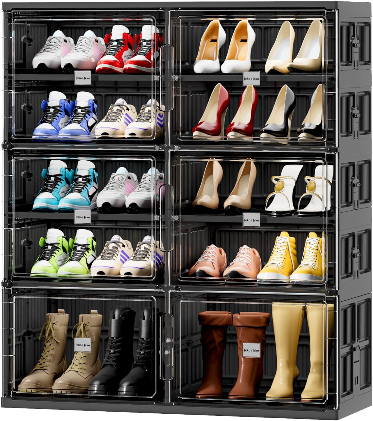 JEKO&JEKO 6 Tiers Foldable Shoe Rack Organizer Cabinet for Closet Entryway, Large Collapsible Shoe Storage Box with Magnetic Doors (Black)