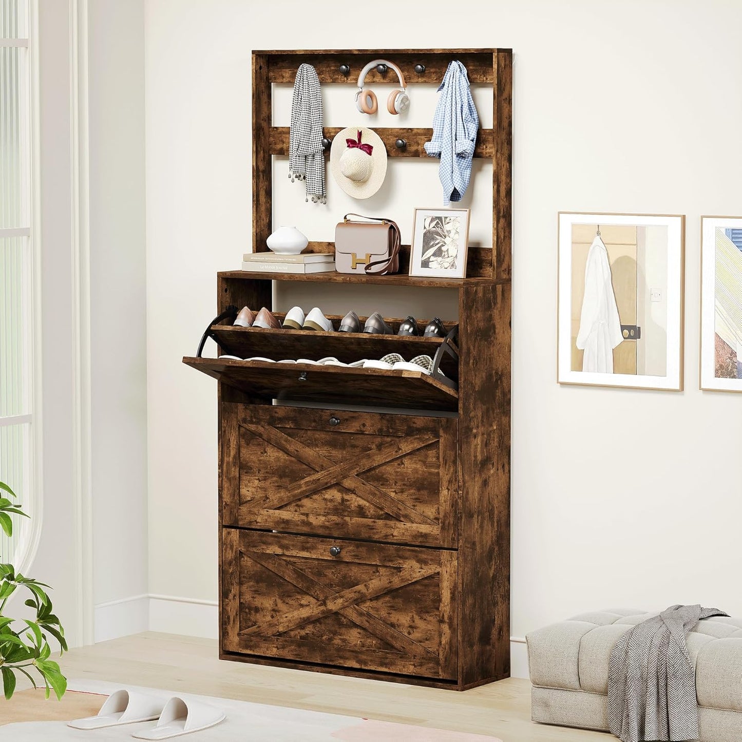 Shoe Cabinet with 3 Flip Drawers, Narrow Shoe Cabinet with 9 Hooks Coat Rack, Freestanding Shoes Storage Cabinets with Adjustable Shelves for Entryway, Hallway, Living Room, White