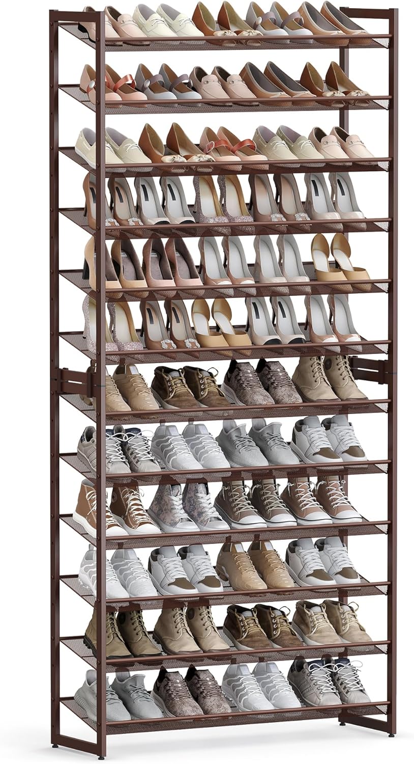 SONGMICS Shoe Rack, 12-Tier Shoe Organizer, Metal Shoe Storage for Garage, Entryway, Set of 2 6-Tier Stackable Shoe Shelf, with Adjustable Flat or Angled Shelves, Holds 48-60 Pairs, Black ULMR12B
