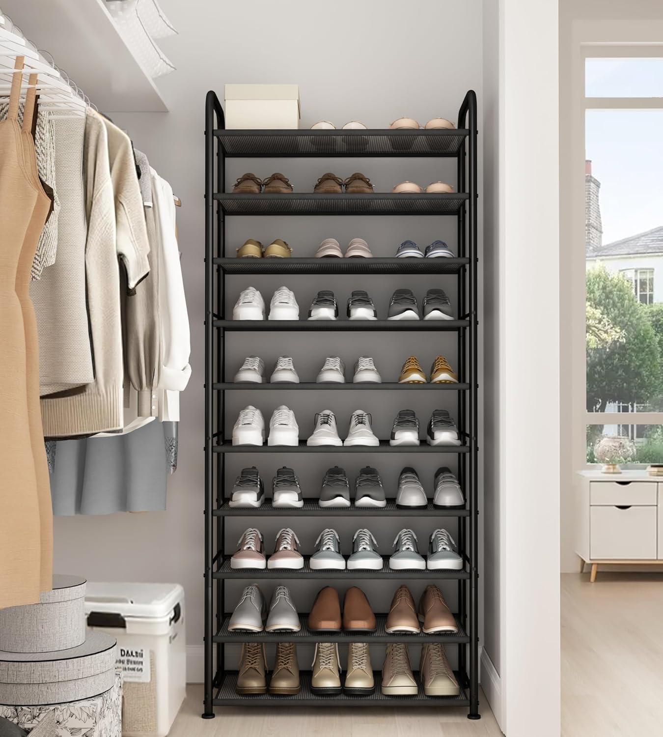 STO STO 10-Tier Shoe Rack with Sturdy Mesh Shelves, Tall Metal Shoe Organizer for Entryway, Closet, Garage, Front Door, Holds 30 Pairs, Free Standing Large Shoe Storage Shelf, Adjustable Feet, Black