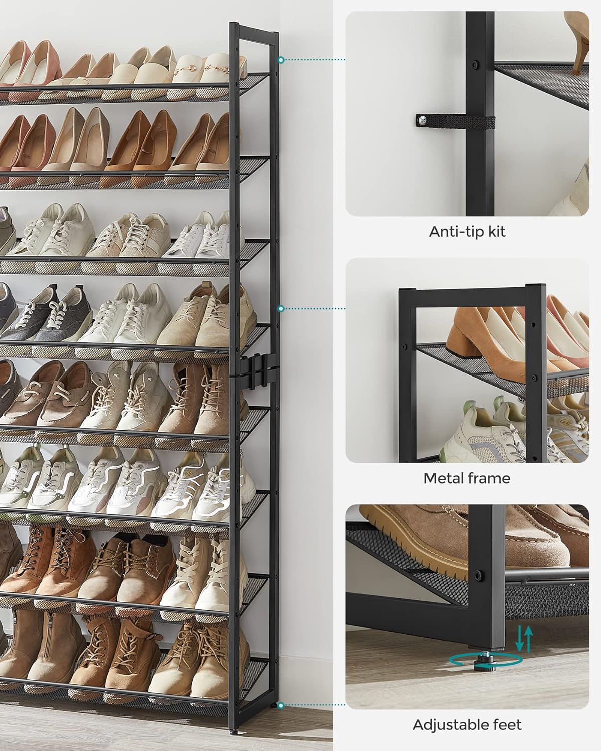 SONGMICS Shoe Rack, 8-Tier Shoe Organizer, Metal Rack for Garage, Set of 2, 4-Tier Stackable Shelf, with Adjustable Flat or Angled Shelves, 32-40 Pairs, Ink Black ULMR08B