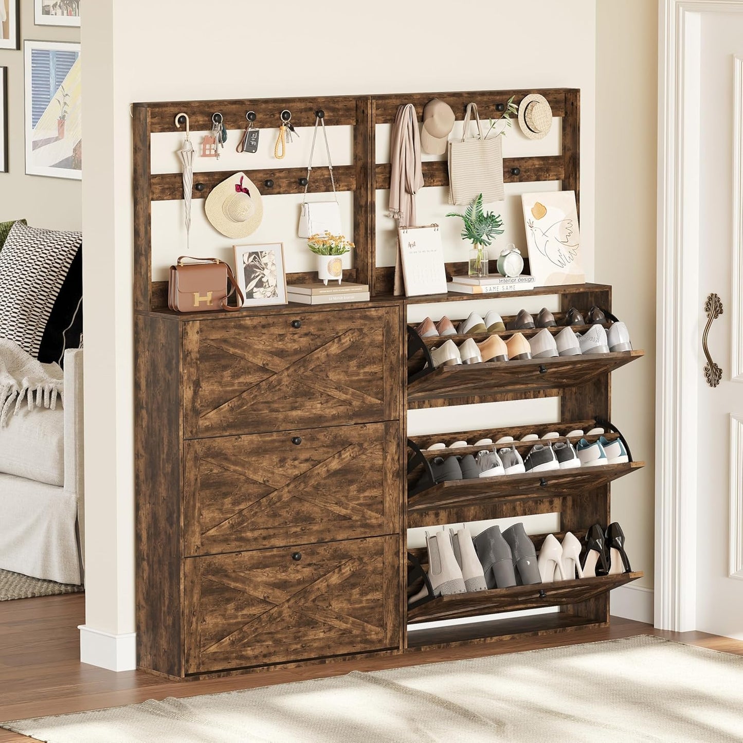 Shoe Cabinet with 3 Flip Drawers, Narrow Shoe Cabinet with 9 Hooks Coat Rack, Freestanding Shoes Storage Cabinets with Adjustable Shelves for Entryway, Hallway, Living Room, White