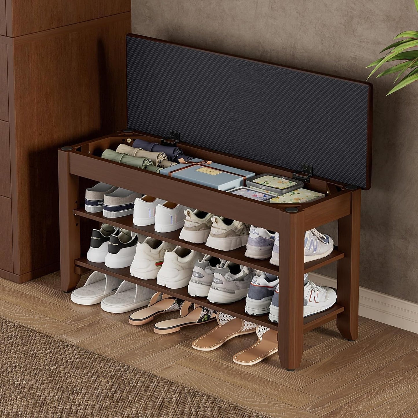 Shoe Rack Bench with Flip-Top Storage, Solid Wood Entryway Bench with Cushion, Adjustable Shelf, for Hallway, Mudroom, Closet – Walnut, 39.4"