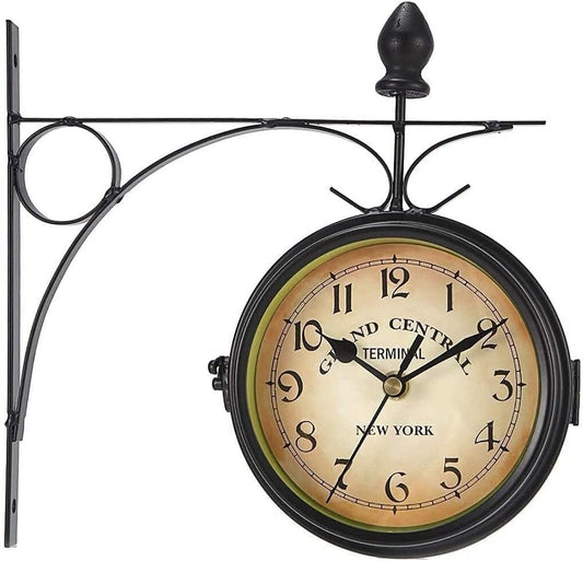 Double Sided Wall Clock, Vintage Outdoor Garden Clock, Train Station Style Wall Mounted Clock for Home, Porch & Garden Decor