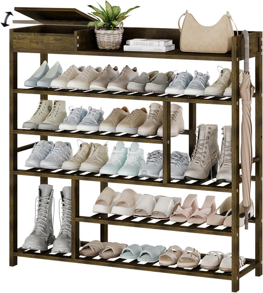 Bamworld Shoe Rack for Front Door Entrance Bamboo Shoe Organizer with Storage Box Free Standing Shoe Cabinet Wooden Shoe Storage Shelf for entryway, Closet and Doorway (Dark Brown)