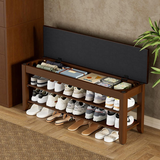 Shoe Rack Bench with Flip-Top Storage, Solid Wood Entryway Bench with Cushion, Adjustable Shelf, for Hallway, Mudroom, Closet – Walnut, 39.4"