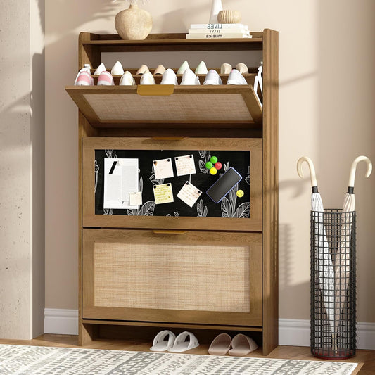 Rattan Shoe Storage Cabinet with 3 Flip Drawers & Chalkboard, Freestanding Organizer for Front Door Entrance, Hidden Narrow Shoe Rack Cabinet Storage for Entryway, Rustic Oak Rattan